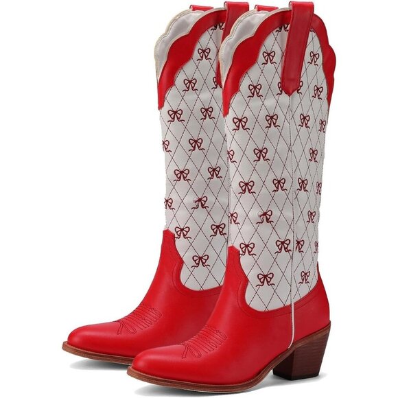 Women's Red Knee High Embroidered Cowgirl Boots with Bow Chunky Heel Boot